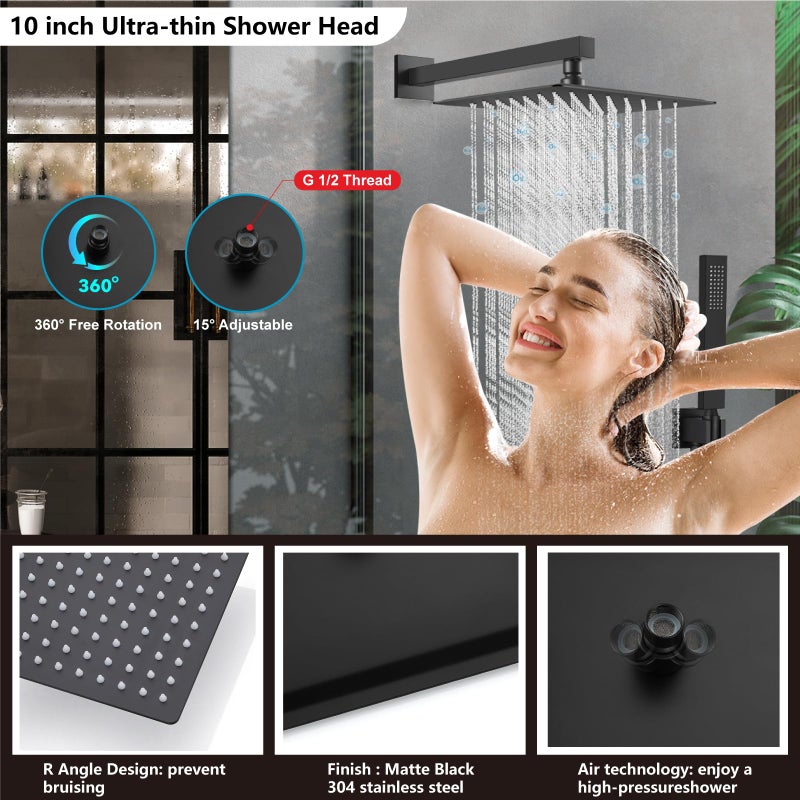 Midanya Shower Faucet Set,Wall Mount Shower System with Square Rain Shower Head and Hand Sprayer, Rough-in Valve Body and Trim Kit Included,10 Inch,Matte Black - Image 3